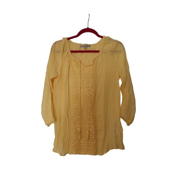 Valerie Stevens Yellow Crochet Detail Blouse Womens M Boho Style 3/4 Sleeves Lig - Picture 1 of 4